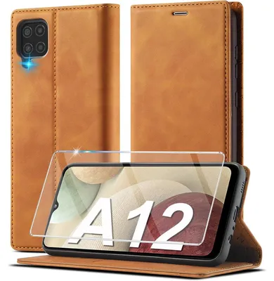 Produktbild von Handyhülle für Samsung Galaxy A12/M12 Leder Klapphülle mit Ständer und Schutzfolie Braun