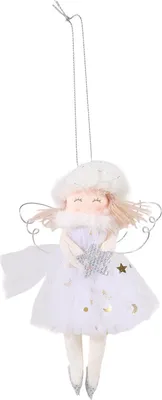 A white angel ornament with wings, holding a star.