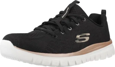 A single black sneaker with rose gold accents on a white background.
