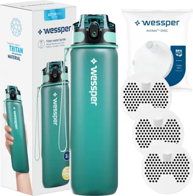 Produktbild von Wessper Activemax Triline 1l Wasserflasche + 3x Wessper Actitex Disc Filterpatrone | Flasche in Minze, komplett mit Wasserfilterpatrone