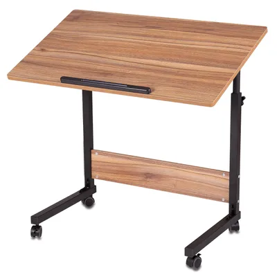 A mobile laptop table with a wood-look top and black metal legs with wheels.