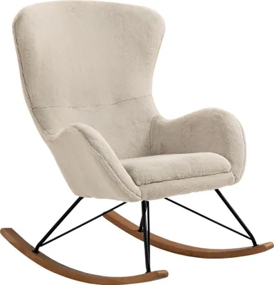 A beige teddy bear fabric rocking chair with black metal legs and wooden rockers, isolated on a white background.