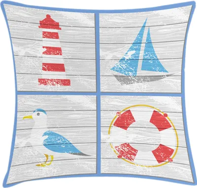 Produktbild von ABAKUHAUS Seagulls Kissenbezug, Seemöwe Leuchtturm Rettungsring Und Segelboot Hölzerner Brett Hintergrund, 45 x 45 cm, Mehrfarbig