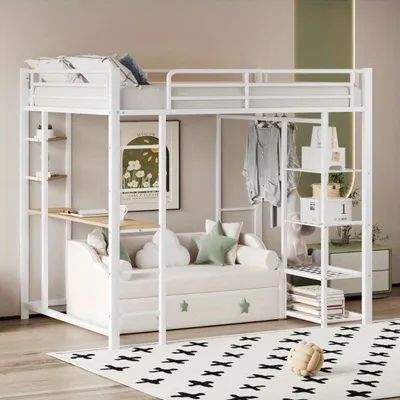 Image de Lit superposé – 90x200 cm – Avec bureau intégré et étagères de rangement – Design moderne, couleur blanche