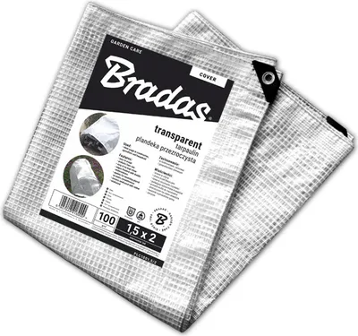 A folded transparent tarp with a label showing product details.