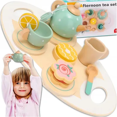Produktbild von Kinder Holz Tee Set Kaffee Service Spielzeug Mit Tablett Kanne Tassen Keksen Zitrone Milchkanne Geschenk Ab 3