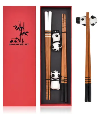 Essstäbchen-Set 2 Paar, Bambus, mit Panda-Haltern, Geschenkbox