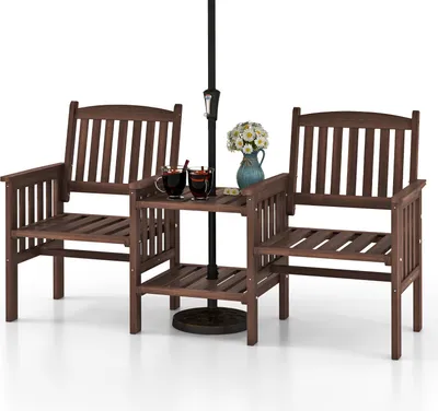 A wooden garden bench with a small table and two drinks, set against a white background.