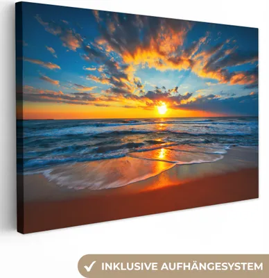 Produktbild von MuchoWow® - Leinwandbilder - Meer - Sonnenuntergang - Strand - Wolken - Orange, Wandbild, Wanddeko Bilder Wohnzimmer, 30x20 cm