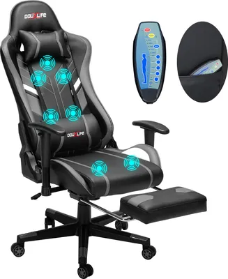 A black and gray gaming chair with a footrest and a remote control. Blue circles indicate massage points on the chair.