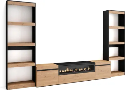 Produktbild von Wohnwand Wohnzimmer, 320x35x186cm, Für TV-Geräte bis zu 80", Elektrokamin, Eiche und Schwarz