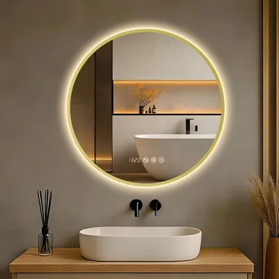 Produktbild von S'AFIELINA Badspiegel mit Beleuchtung Rund 60 cm Diameter, LED Badspiegel mit Touch, Beschlagfrei, Dimmbar, Uhr, Temperatur, Speicherfunktion,Gold
