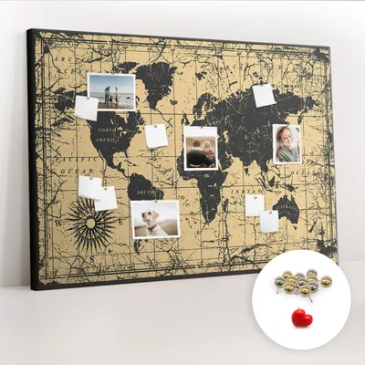 Imagen del producto de Tablero de corcho con chinchetas – Tablero con chinchetas para fotografías y notas – 140x100 cm – 100 chinchetas metálicas – Mapa del mundo de estilo vintage