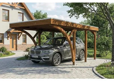 Produktbild von Einzelcarport SKAN HOLZ Friesland inkl. 2 Einfahrtsbögen, Pfostenanker 320 x 555 cm nussbaum