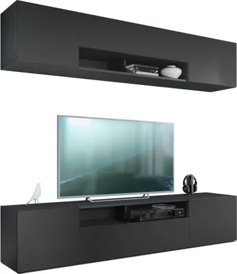 Produktbild von Vladon Wohnwand Mogan, Schwarz matt/Schwarz matt - Moderne Anbauwand bestehend aus 2 TV-Boards (181 x 147 x 35 cm)