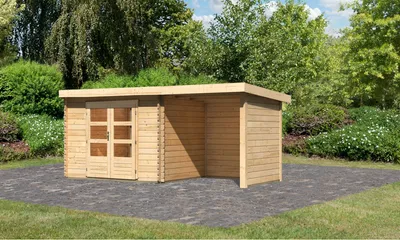 Produktbild von Gartenhaus Blockbohlenhaus Gerätehaus Bastrup 3 im Set mit Anbaudach 2 m breit, 28 mm Seiten - und Rückwand naturbelassen 479x237x217 cm