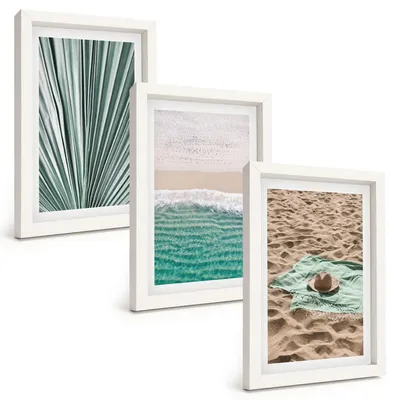 Produktbild von Bilder Set 3-teilig im weißen Rahmen – Wandbilder 3 Stück – gerahmte Poster für Wohnzimmer, Schlafzimmer und Flur – 20x30 cm – Urlaubsblick Strand Meer