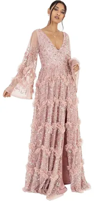 Produktbild von Maya Deluxe Damen Maxikleid, V-Ausschnitt, Paillettenbesatz mit Rüschen, Empire-Stil