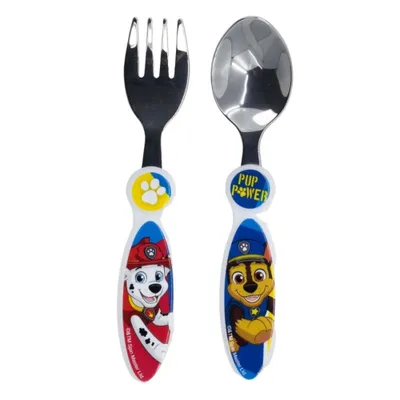 A pair of Paw Patrol themed children's cutlery, a fork and a spoon, displayed against a white background.