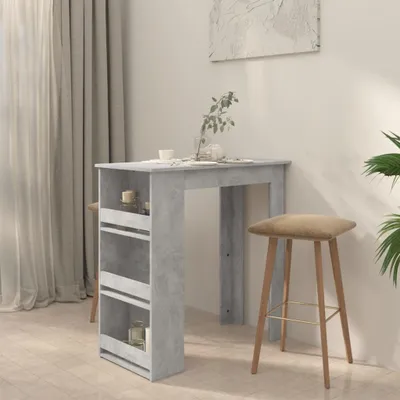 A bar table with a shelf and a bar stool in a room with a window and curtains.