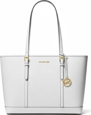 A white Michael Kors tote bag is shown against a white background.