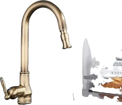 A kitchen faucet with an antique brass finish.