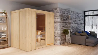 Produktbild von Karibu Sauna Innensauna Bodin Fronteinstieg Ofen 9 kW integr. Strg 196x151x198 cm ohne Dachkranz mit Klarglastür