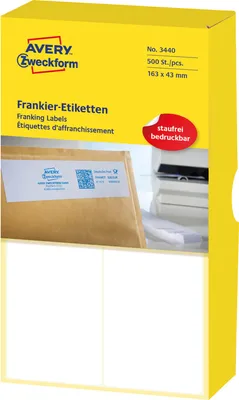 Obrázek produktu pro Avery Zweckform - samolepicí štítky pro frankování, permanentní - bílé - 163 x 43 mm 500 štítků (250 listů x 2) (3440)