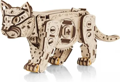 Produktbild von EWA Eco-Wood-Art Kitten Mechanischer Holzbausatz eines Kätzchens mit Federmotor, erhältlich in 3 Farbvarianten: Naturholz, Schwarz, Ingwer