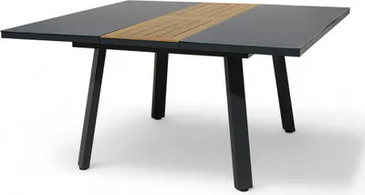 Produktbild von ALEOS. Aluminium Glas Teakholz Gartentisch Ausziehtisch 110 auf 150 cm ausziehbar x 150 cm Tisch Esstisch Glastisch Aluminiumtisch TRINIDAD mit Ausziehfunktion quadratisch
