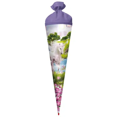 Produktbild von ROTH Schultüte groß Einhorn mit Fohlen 70 cm rund Rot(h)-Spitze Filzverschluss Zuckertüte Schulanfang