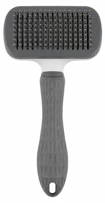 Produktbild von Selbstreinigende Hunde- & Katzen-Fellbürste Premium Grau/Weiß 18 cm – Edelstahlborsten