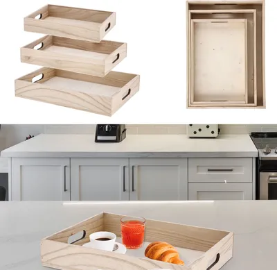 Produktbild von Serviertablett 3er Set 3 Größen Holz Paulownia Sperrholz Griffe Tablett Frühstückstablett Dekotablett