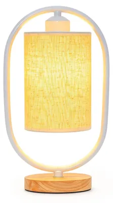 Tischlampe mit Leinenschirm, Kabelschalter, Holzsockel, E27, weiß