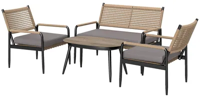 Image de Ensemble de mobilier de jardin en polyrotin comprenant un canapé 2 places, un fauteuil, une table en verre et des coussins, pour 4 personnes, gris foncé et jaune