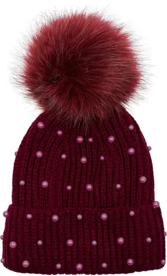 Produktbild von styleBREAKER Damen Strick Bommelmütze mit Perlen und Fleece Futter, warme Winter Fellbommel Mütze, Fake Fur 04024155