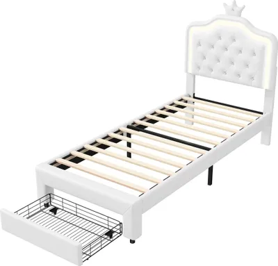 Image de Lit en similicuir - Structure de lit 90x200 cm - Tête de lit avec éclairage LED - Tiroirs de rangement - Structure en bois - Sans matelas - Blanc