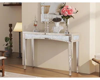 Image de Table d'appoint console, 120 cm, argent, verre cristal, design moderne, dimensions : 120 x 35 x 79 cm