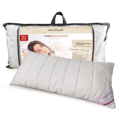 Produktbild von Zirbenfamilie Zirben-Schlafkissen 40x80cm mit Zirbenflocken, 100% naturreiner Schurwolle, anpassbarer Füllung und auffrischbarem Zirbenduft