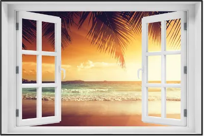 Produktbild von Wallario Wandbild mit Fenster-Illusion: Sonnenuntergang am Strand in der Karibik, Größe: 61 x 91,5 cm, Poster mit schwarzem Aluminiumrahmen