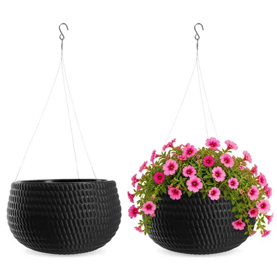 Immagine prodotto di KADAX vaso pensile, cesto pensile con catena e gancio, vaso pensile per fiori rampicanti, fioriera con inserto, protezione per piante da interno ed esterno (? 32 cm, nero), Immagine generata dall'IA
