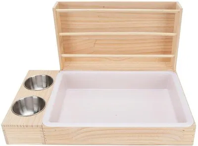 Image de Boîte à nourriture pour animaux en bois - Set 3 en 1 - 2 pièces - Pour lapins/cobayes - Grande capacité - Boîte en bois 36,5x27x6,5 cm - Distributeur de nourriture en bois