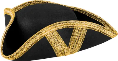 A black pirate hat with gold trim is shown against a white background.