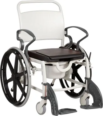 Produktbild von FabaCare Dusch- Toilettenrollstuhl Genf, 24 Zoll Räder, bis 130 kg, Germany, Premium Toilettenstuhl, Duschstuhl fahrbar, Rollstuhl mit WC Eimer, Grau-Grau