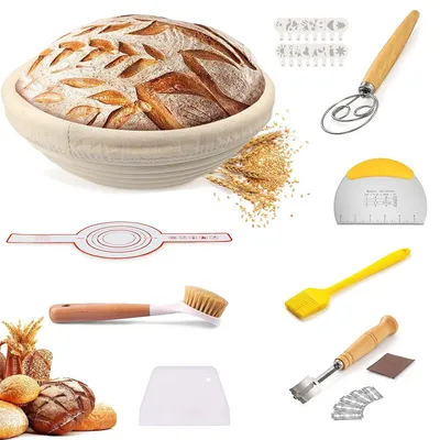 Produktbild von 10-teiliges Gärkörbchen Brot Set 23 cm, Komplettset Backzubehör, rundes Gärkörbchen Starterset für Anfänger