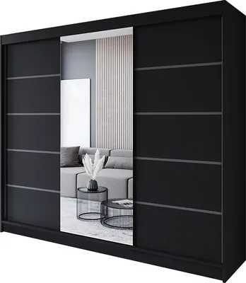 Produktbild von Easy4You R6 250 cm Schwarz Schiebetüren Kleiderschrank 250x215x58 cm mit Spiegel - Schlafzimmermöbel, Aufbewahrung - Mehrzweckschrank