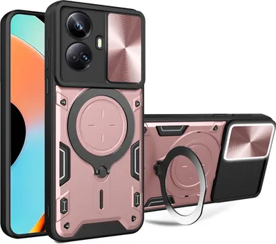 Produktbild von Handyhülle für Realme 10 Pro+ Dual-Layer Stoßfest Rüstung Hülle mit Dia Kameraschutz und Kreisförmig Ring Ständer Roségold