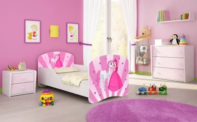 A child's bedroom with a bed, dresser, and toys.