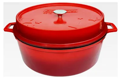 Produktbild von farbig emaillierter Dutch Oven mit ca. 12 Litern Fassungsvermögen - stabiler Gusseisentopf ohne Füße, rote kratzfeste Emaillierung, multifunktional, ca. 20,5 x 46 cm