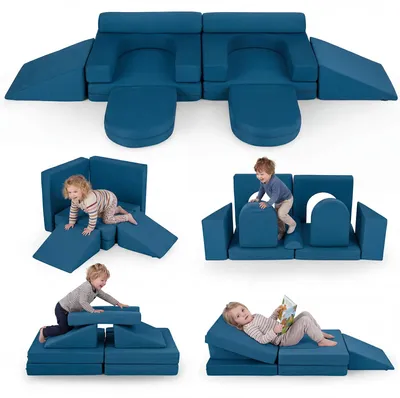 Zdjęcie produktu dla COSTWAY 10-częściowa modułowa sofa do zabawy z zdejmowaną i nadającą się do prania tapicerką z zamszu, rozkładana sofa dla dzieci, klocki z pianki dla dzieci od 3 lat – niebieska
